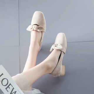 Giày gót vuông da lộn gắn nơ