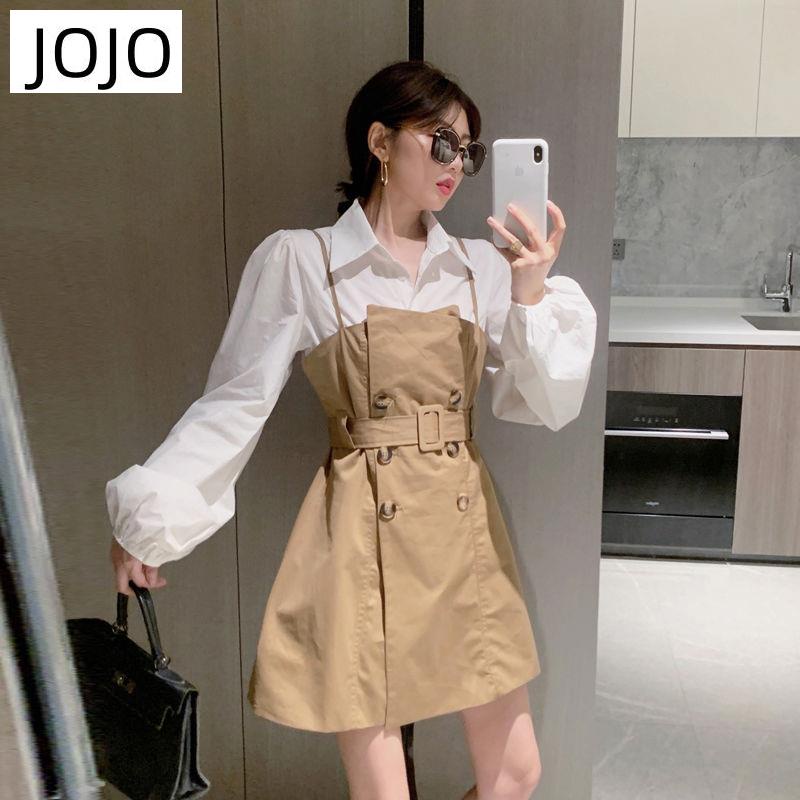 Set Áo Sơ Mi Trắng Tay Dài Phồng + Đầm Hai Dây Phong Cách Hong Kong Thời Trang Cho Nữ