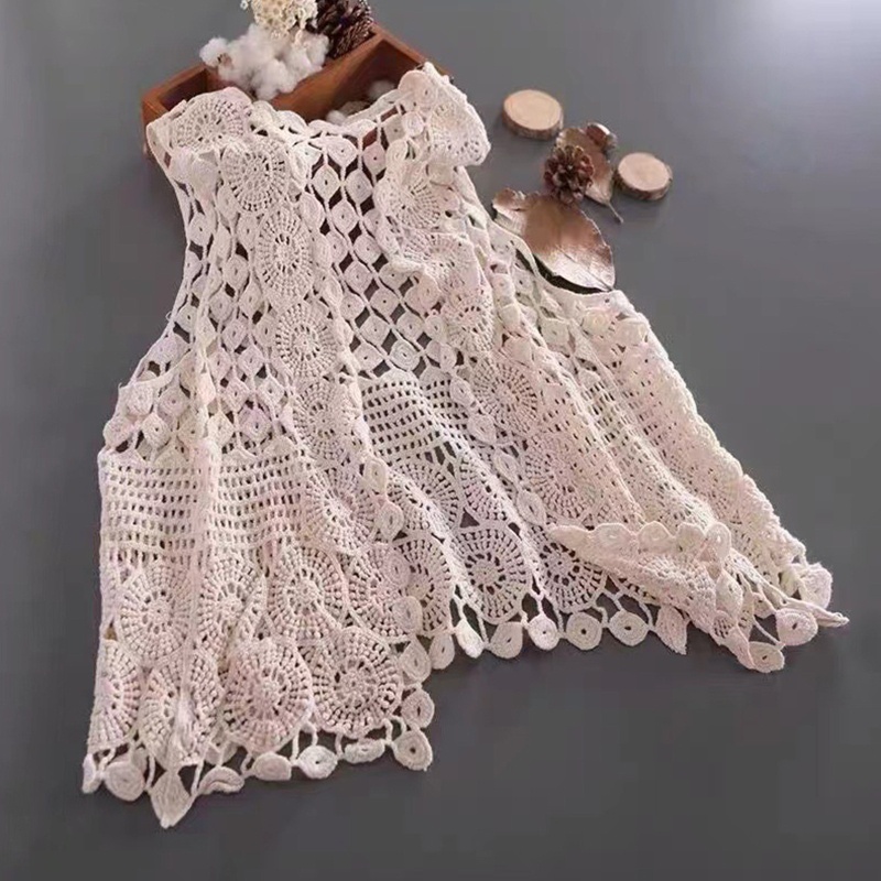 Brroa Áo Khoác Cardigan Không Tay Hở Trước Họa Tiết Hình Học Phối Ren Đính Kim Cương Phong Cách Bohemia Cho Nữ