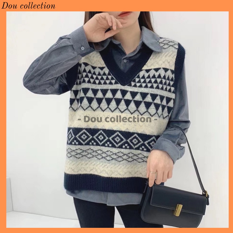 [Nowship2h] Áo Gile Cổ Chữ V Họa Tiết Thổ Cẩm Áo Len Không Tay Dáng Xuông Cá Tính Thời Trang Thu Đông - Mã TA021