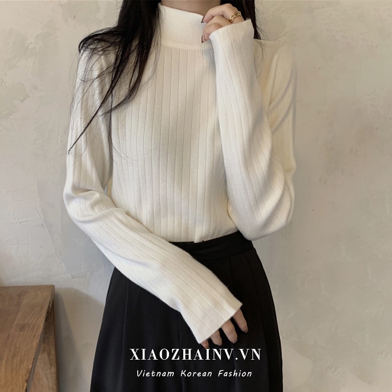 Xiaozhainv Áo len tay dài cổ lọ màu trơn thời trang cho nữ