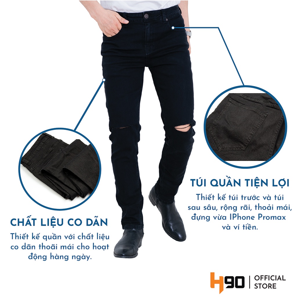 Quần jean nam đen trơn rách H90 chất bò cotton co giãn thoải mái không phai màu HTRJ002 | BigBuy360 - bigbuy360.vn