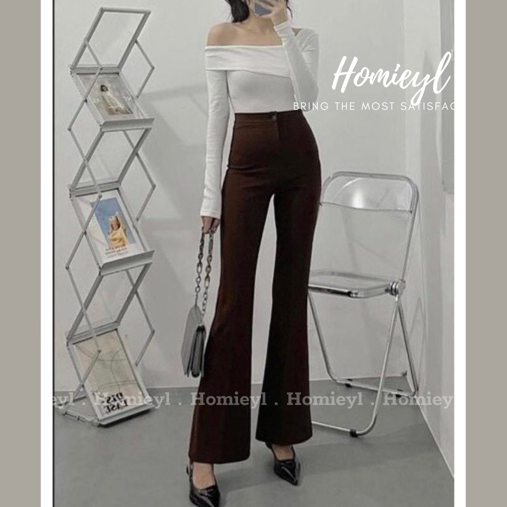 Quần ống loe cạp cao Homieyl cao cấp, quần ống rộng nữ lưng cao dáng suông đen chất vải trượt thái đẹp đi làm đi chơi