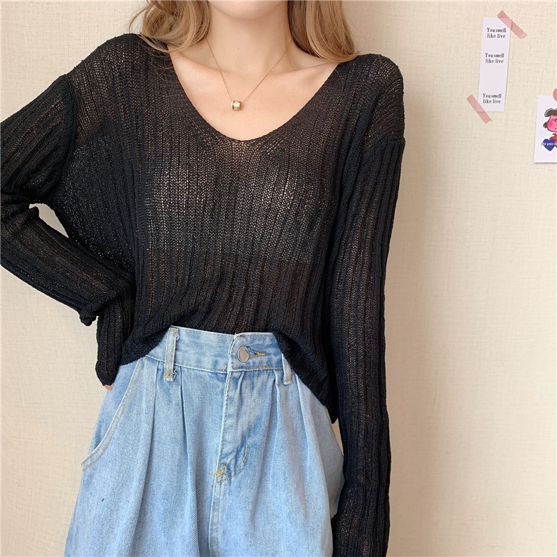 Áo Thun Dệt Kim Tay Dài Cổ Chữ v Mỏng Chống Nắng Phong Cách Hàn Quốc Mới Cho Nữ