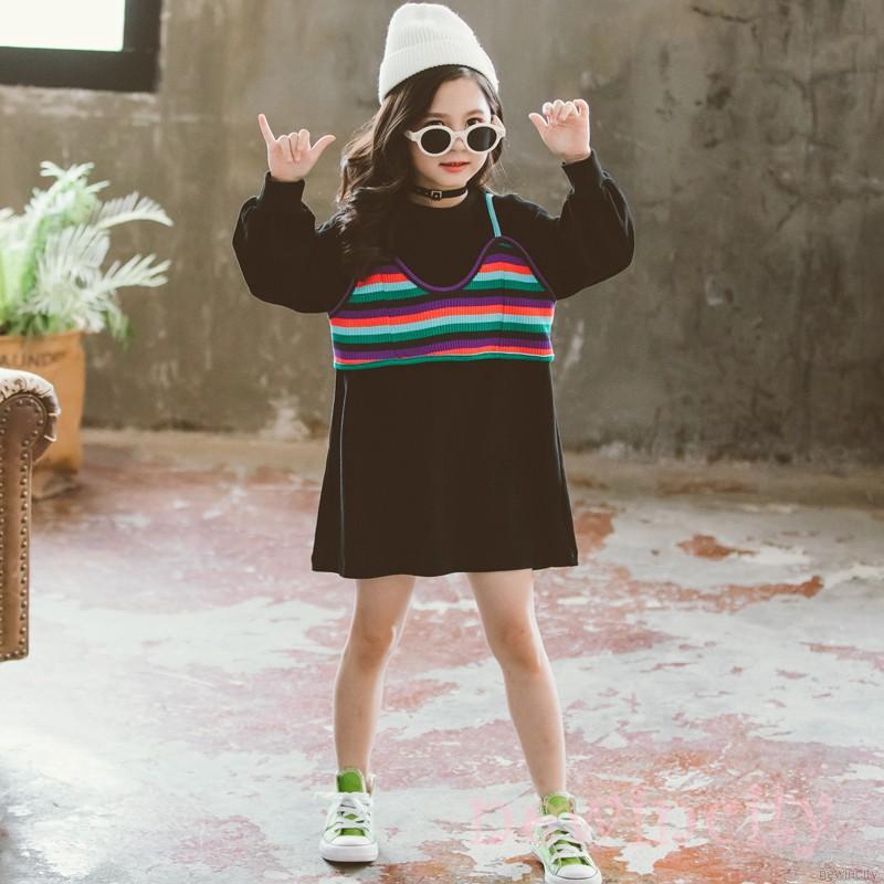 Đầm thun dài tay sọc ngang màu cầu vồng cho bé