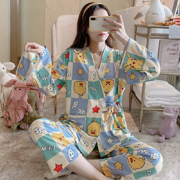 Bộ Đồ Ngủ Kimono Tay Dài Dáng Rộng Bằng Vải Cotton Phong Cách Nhật Bản Dễ Thương Dành Cho Nữ | BigBuy360 - bigbuy360.vn