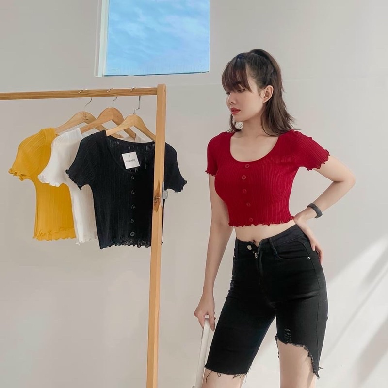 áo croptop gân nút bự kèm hình thật vkv