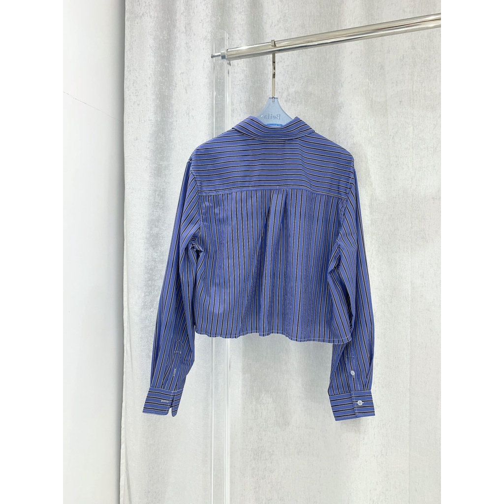 MiuMiu m22 early autumn new retro letter stripe hem burrs decoration simple all-match short shirt 2022