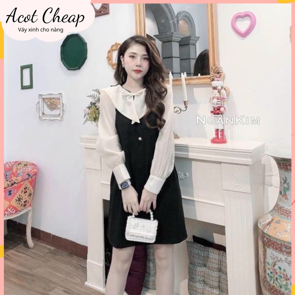 Váy dự tiệc cổ nhọn phối voan dài tay dáng xoè 2 cúc chất umi dày dặn - Đầm công sở thanh lịch màu đen tay bo dáng ngắn
