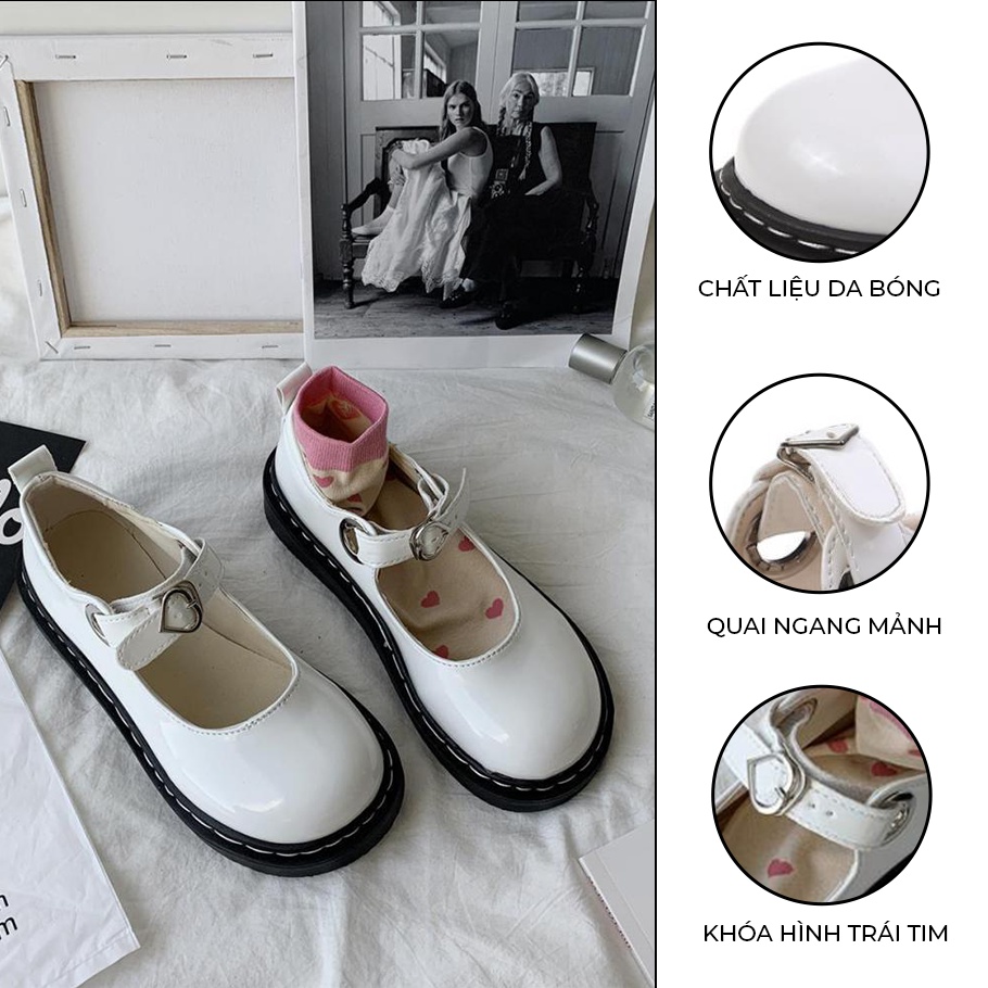 Giày Lolita Nữ Ulzzang Vintage, Giày Mary Jane Da Bóng Mũi Tròn Khóa Cài Hình Trái Tim Đế 3cm Hàn Quốc_ Iclassy_shoes