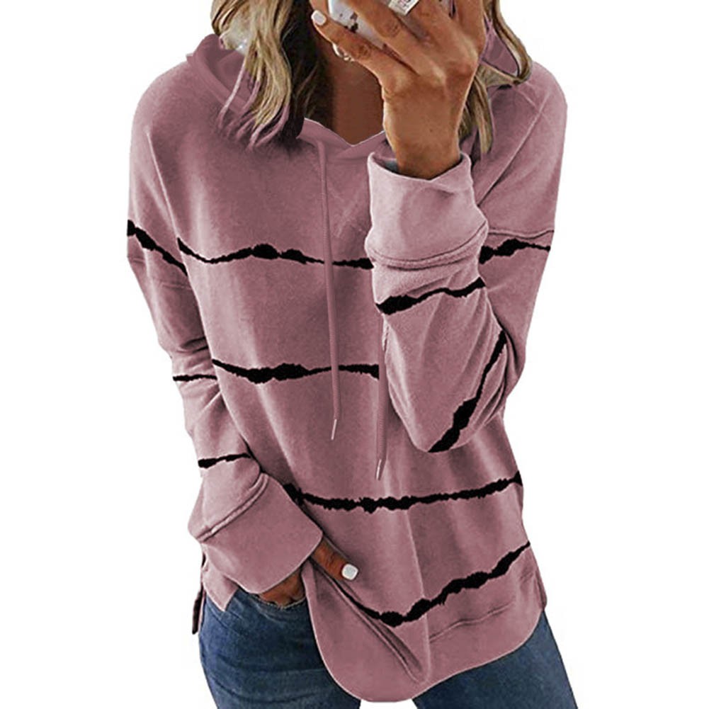 READY☆FOBE√Women Stripe Printed Loose Casual Hoodies Hooded Sweatshirt Sweetwear Tops