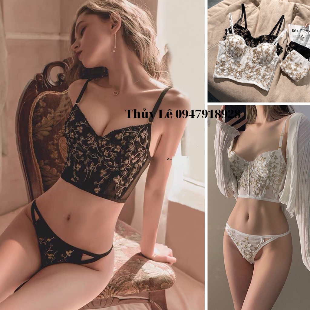 Áo corset thêu hoa CỰC XINH, có gọng, không mút, nâng ngực gợi cảm phong cách cổ điển cho nữ