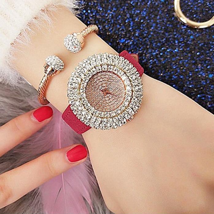 Đồng hồ nữ halie đính đá dây da đỏ