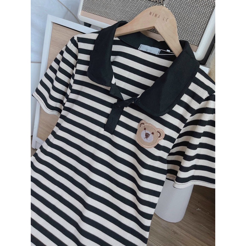 đầm gân sọc thêu gấu cổ trụ ngắn tay