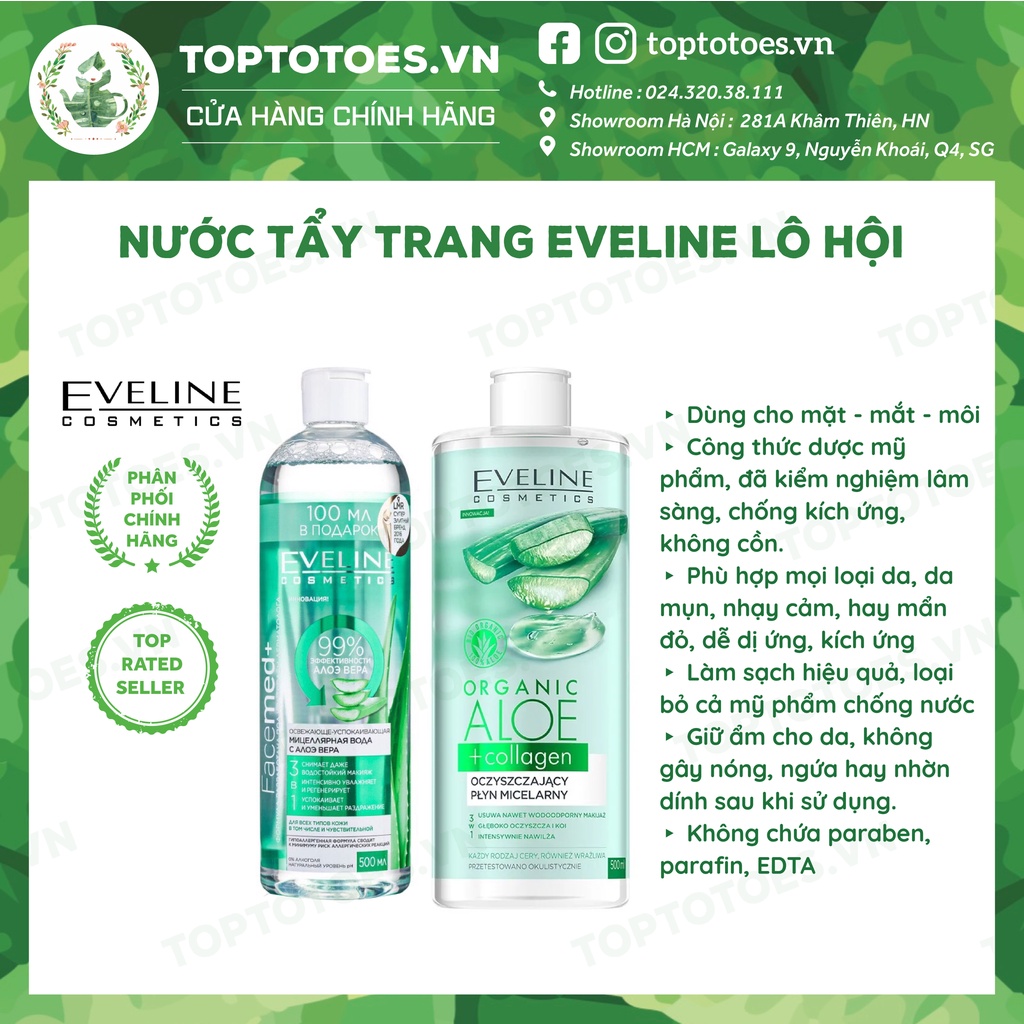 Nước tẩy trang Eveline Facemed+ Micellar Lô hội tẩy sạch nhẹ dịu, giữ ẩm cho da 500ml