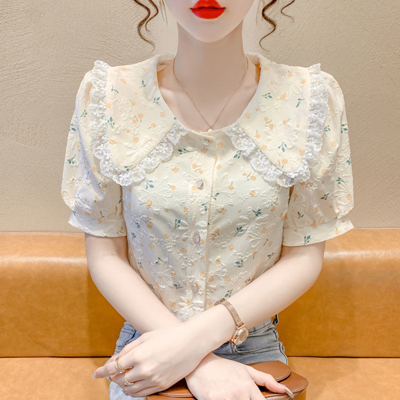 Áo Sơ Mi Tay Ngắn Phồng Cổ Búp Bê In Họa Tiết Hoa Phong Cách Pháp Thời Trang Dành Cho Nữ