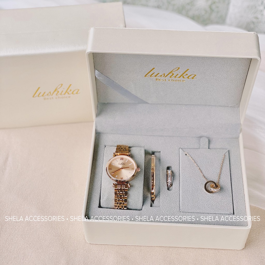 Đồng hồ nữ chính hãng LUSHIKA set 4 món dây kim loại màu vàng hồng đẹp sang chảnh LK02