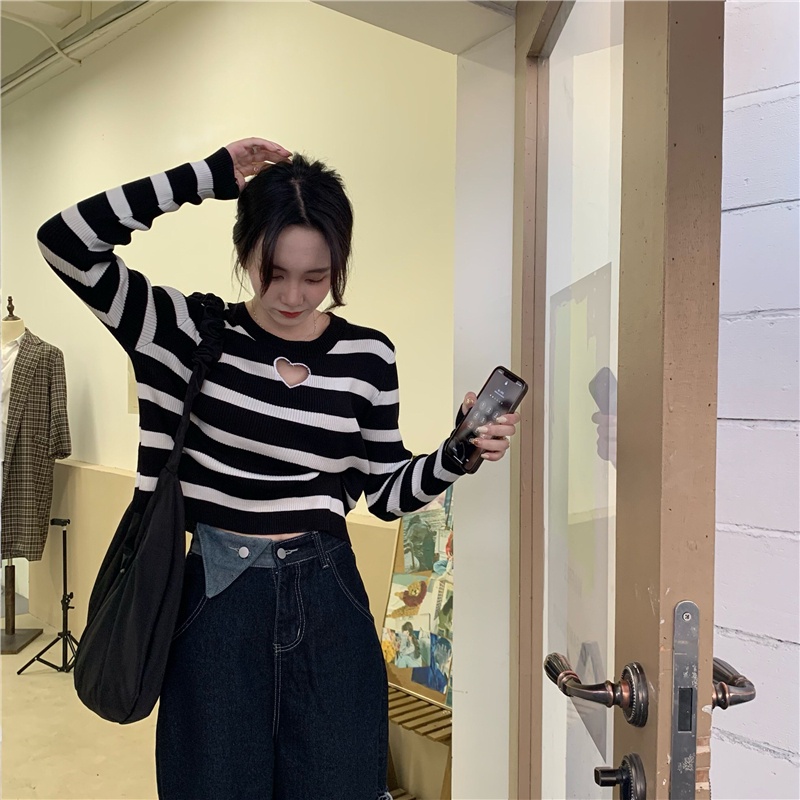 Áo kiểu ZHELIHANGFEI dệt kim tay dài ôm vừa vặn họa tiết kẻ sọc ngang thời trang