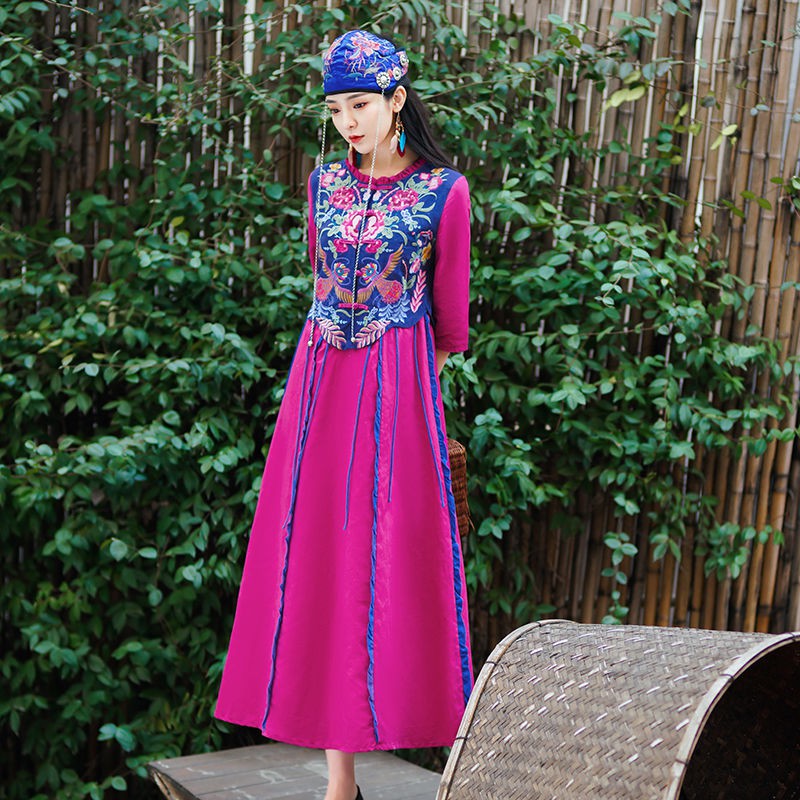 Váy dàiReal Shot Dân tộc Min Cotton Spling Đĩa thêu Khóa dài Retro Vòng cổ màu năm điểm Soda Dress