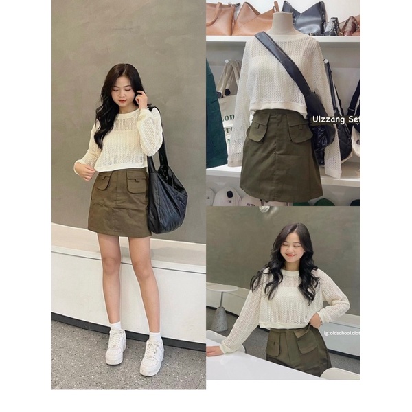 SET ÁO THUN LƯỚI CROPTOP MIX CHÂN VÁY KAKI TÚI HỘP SIÊU XINH