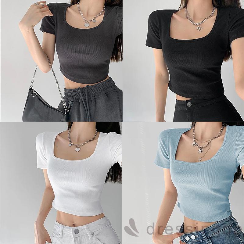 Áo Thun Dệt Kim Tay Ngắn Cổ Chữ U Màu Sắc Trơn Thời Trang Dành Cho Nữ