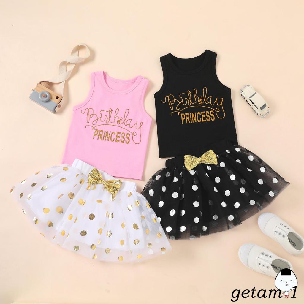 Bộ áo tank top in chữ + chân váy lưới lưng thun co giãn đính kim sa cho bé gái 3-8 tuổi