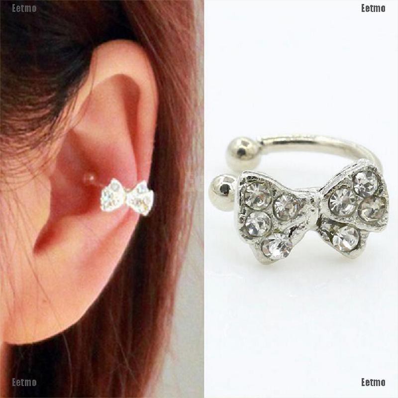 (Eetmo)Fashion Crystal Bowknot Ear Cuff Silver Plated Ear Bone Clip Rhinestone Earring