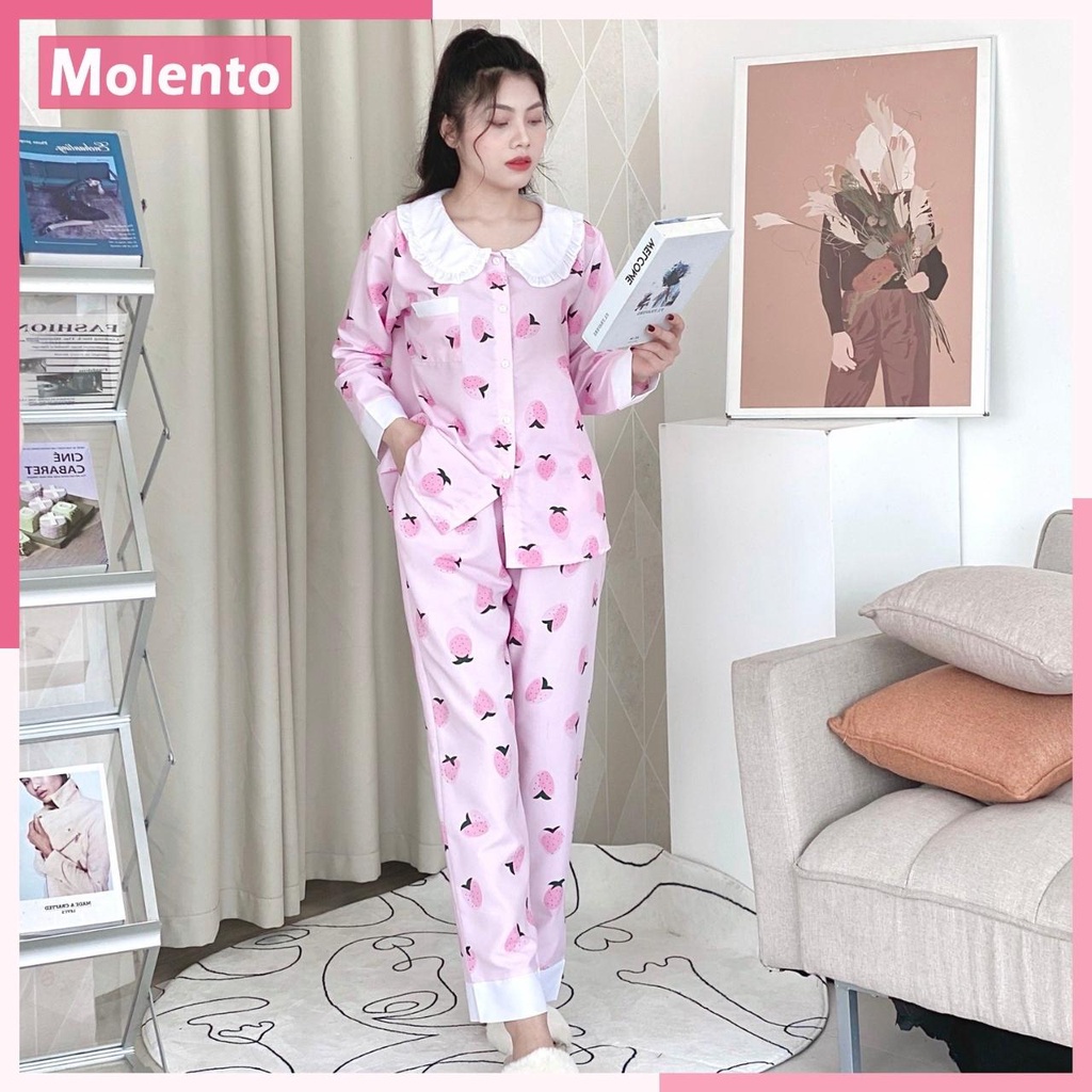 Đồ Pijama Nữ Tay Dài Cổ Sen Bèo MOLENTO Đồ Bộ Pijama Thu Đông Kate Thái Siêu Nhẹ Không Bai Xù Hay Phai Màu - M79