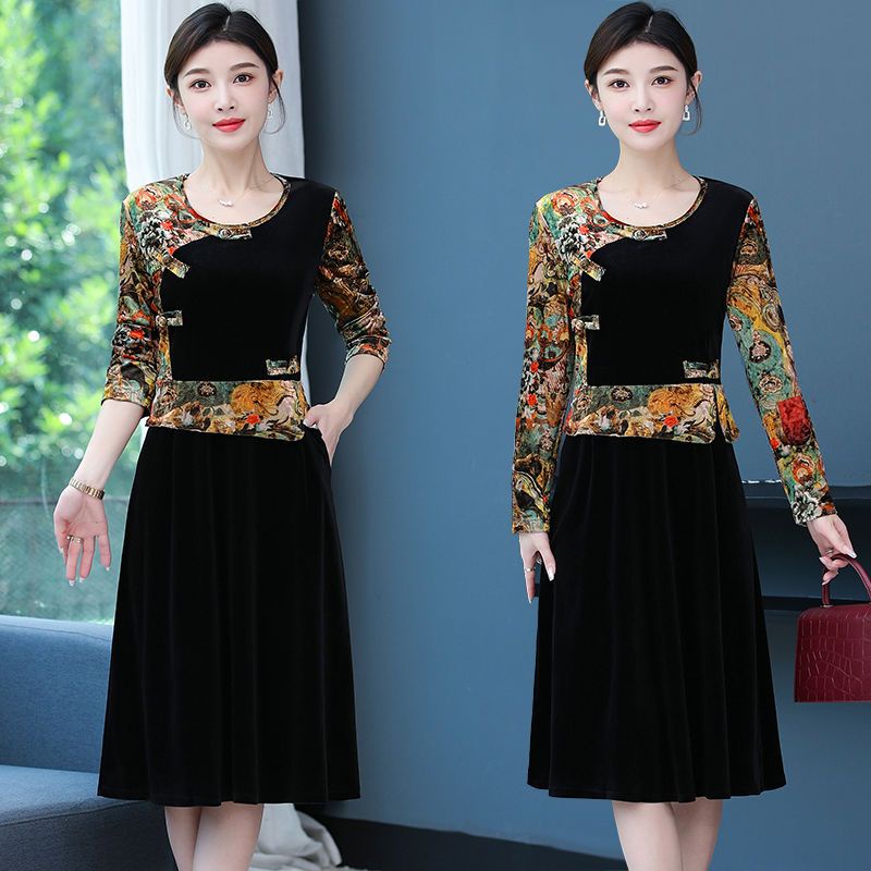 Đầm Nhung Dài Tay Phối Khóa Cài Thời Trang Cho Phụ Nữ Trung Niên