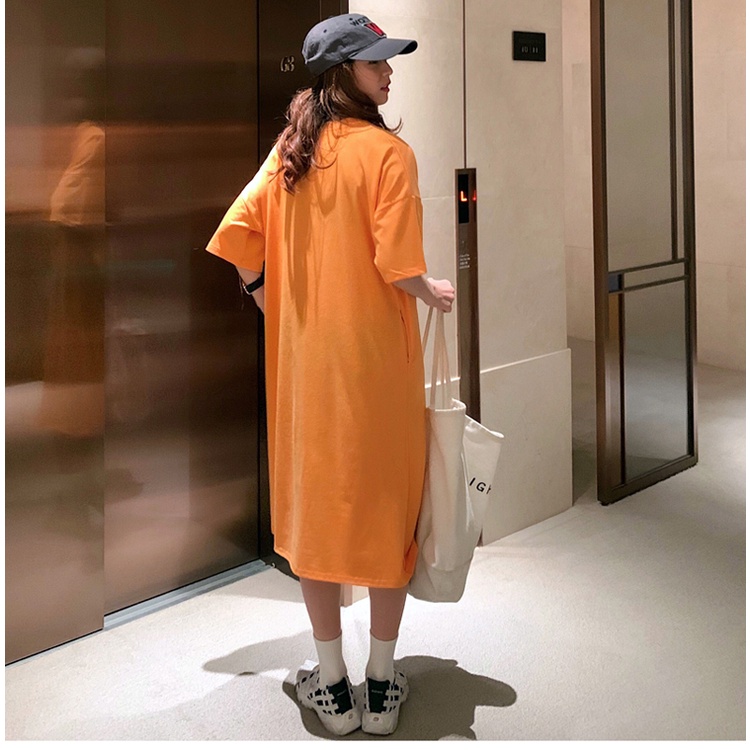 Đầm midi SUXI dài qua gối dáng rộng phối túi in chữ phong cách Hàn Quốc thời trang mùa hè