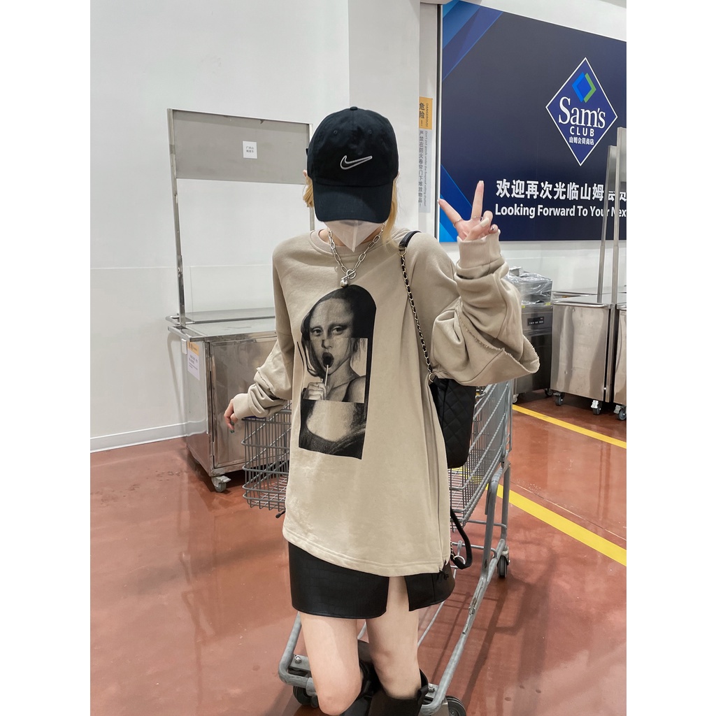 Áo thun nữ dáng rộng tay dài in hình đơn giản thời trang Hàn Quốc