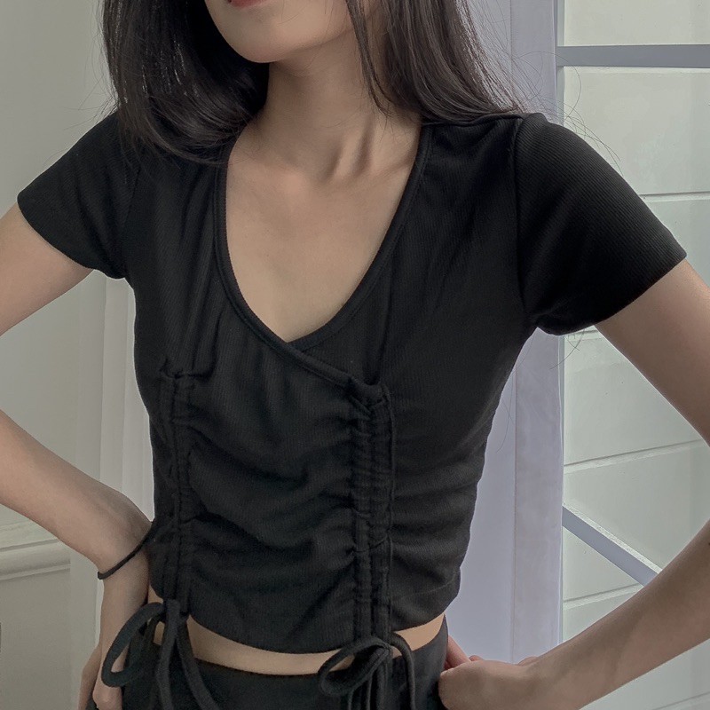 Áo croptop tay ngắn thun rút ngực