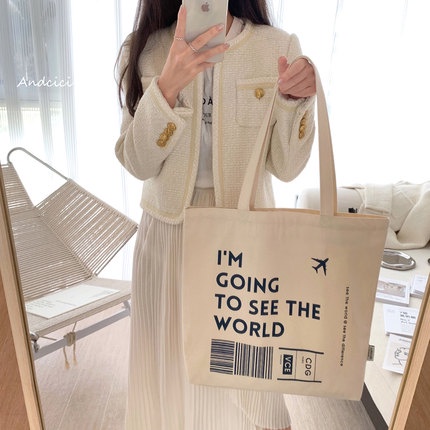 Túi tote vải canvas đi học đi chơi có khóa kéo hàn quốc đeo vai in IM GOING TO SEE THE WORLD AH1649