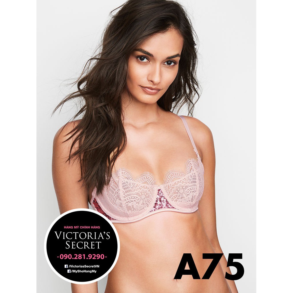 (Bill Mỹ) 34A/A75 - Áo lót hồng, kết cườm, Deam Angels phối ren sexy, không mút, Sheer Pink - Victoria's Secret USA