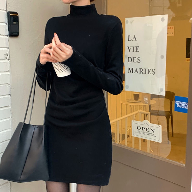 Đầm dệt kim Perty cổ cao dáng ôm thời trang mùa thu phong cách Hàn Quốc cho nữ