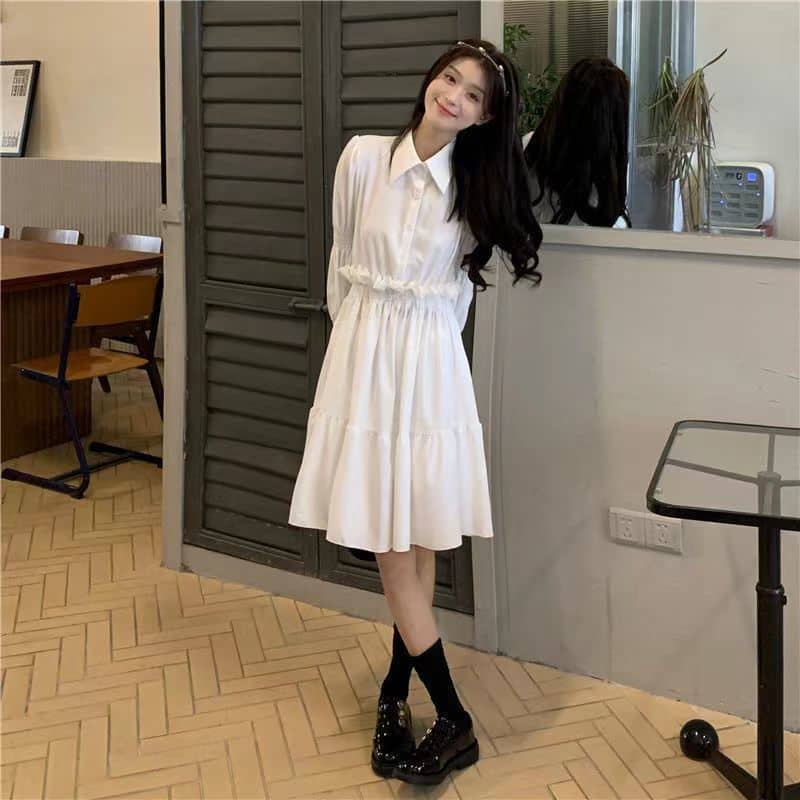 Set áo gile ngắn đen cổ V nữ sinh thắt nơ + váy sơmi trắng dài tay tầng bèo dáng babydoll xinh xắn có size