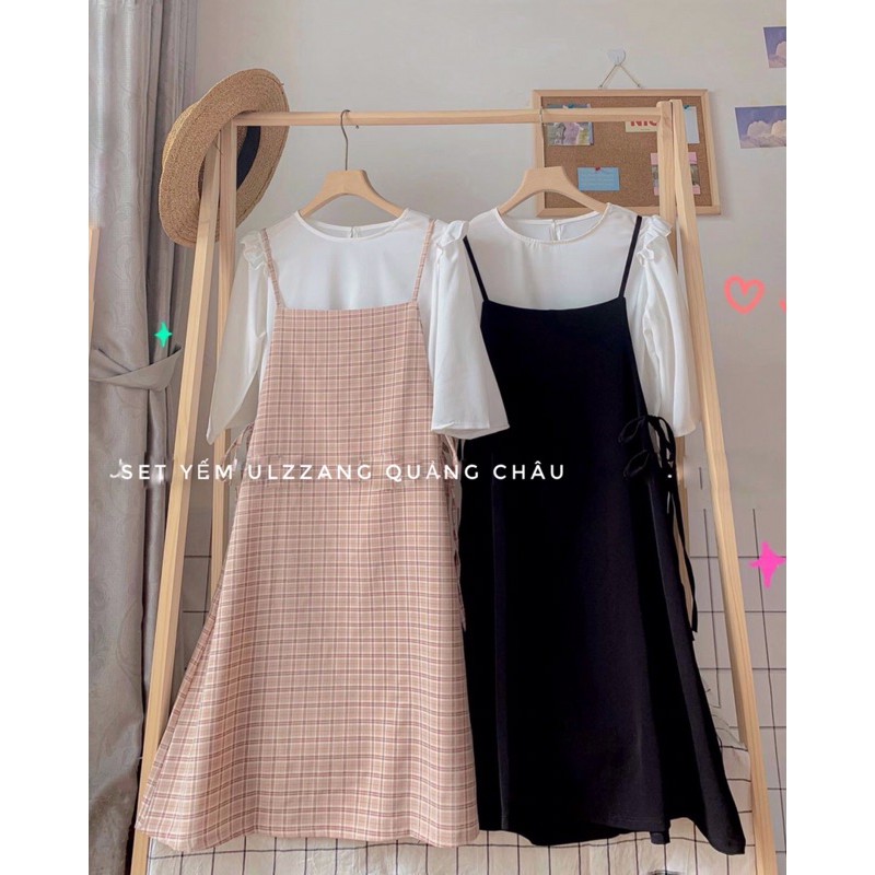 [Ảnh thật/Video] Set yếm kèm áo lụa thắt nơ eo kiểu dáng Hàn Quốc