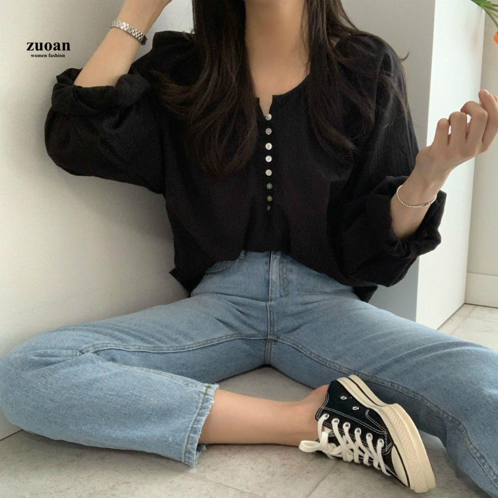 SUXI Áo sơ mi nữ tay dài kiểu dáng tay dài theo phong cách thời trang Hàn Quốc