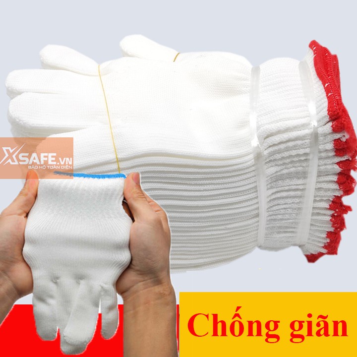 [10 đôi] Găng tay bảo hộ lao động sợi poly 50g ôm sát, chống trượt, chống giãn, thao tác linh hoạt (Màu trắng-loại dày)