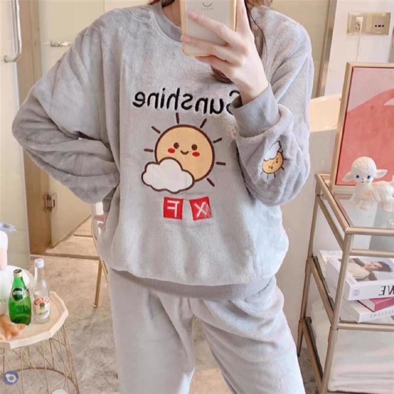 Set bộ ngủ lông gấu thêu chữ sunshine, đồ ngủ nỉ bông nữ mặc nhà thu đông dài tay siêu ấm họa tiết đáng yêu, Tjt Còi 1 | BigBuy360 - bigbuy360.vn