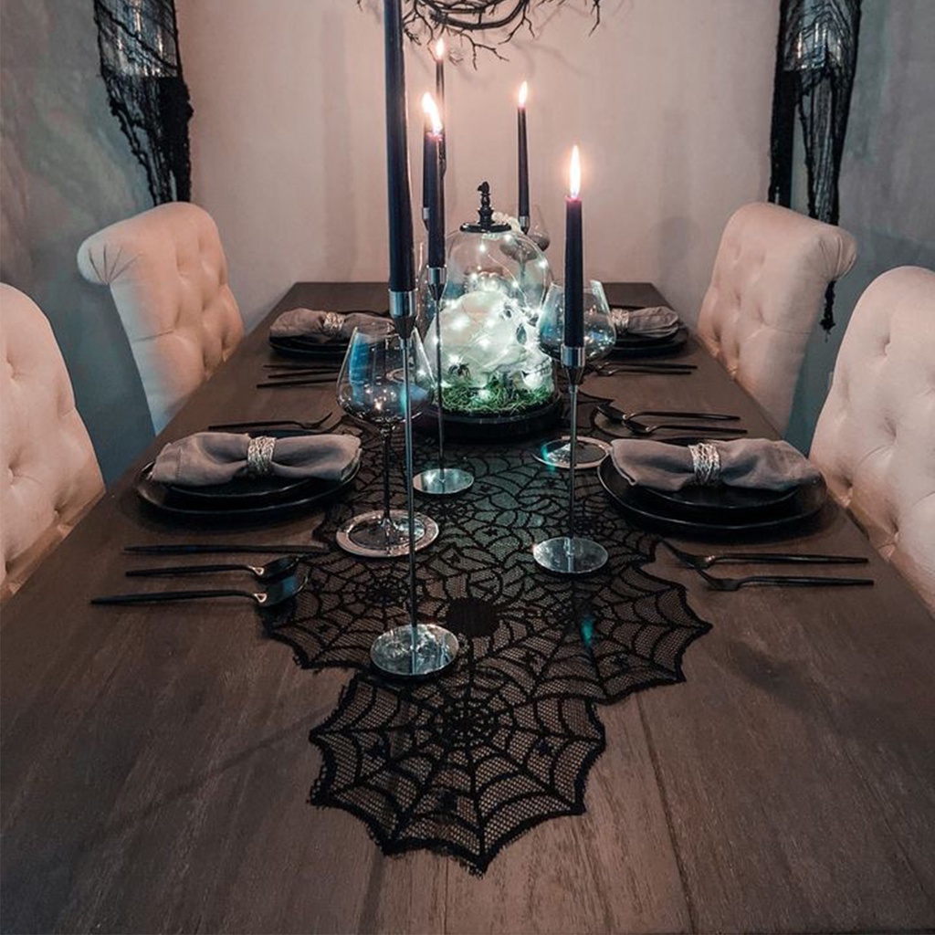Khăn Trải Bàn Ăn Họa Tiết Mạng Nhện Màu Đen Phối Ren Lưới Độc Đáo Trang Trí Bàn Ăn Dịp Halloween