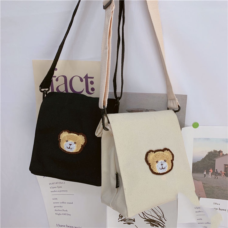 Túi canvas đeo chéo họa tiết gấu nhỏ dễ thương cho nữ