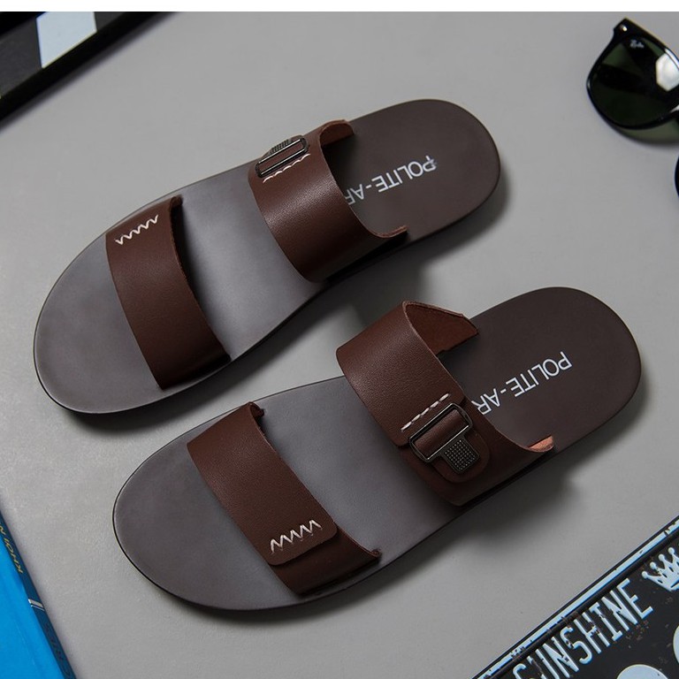 Dép nam quai ngang Polite - art D824 da bò cao cấp 2 màu - BH 6 Tháng