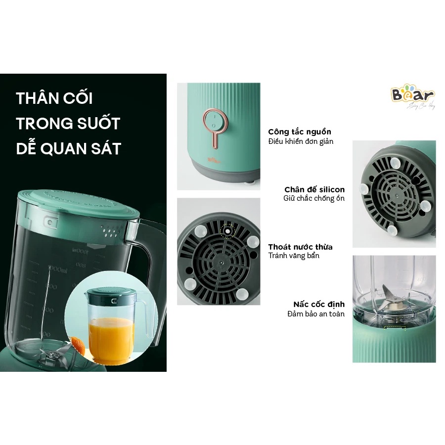 Máy xay sinh tố Bear 3in1 BL-B10V2 chính hãng, 3 cối riêng biệt xay thịt/rau củ quả/hạt khô, bh 24 tháng