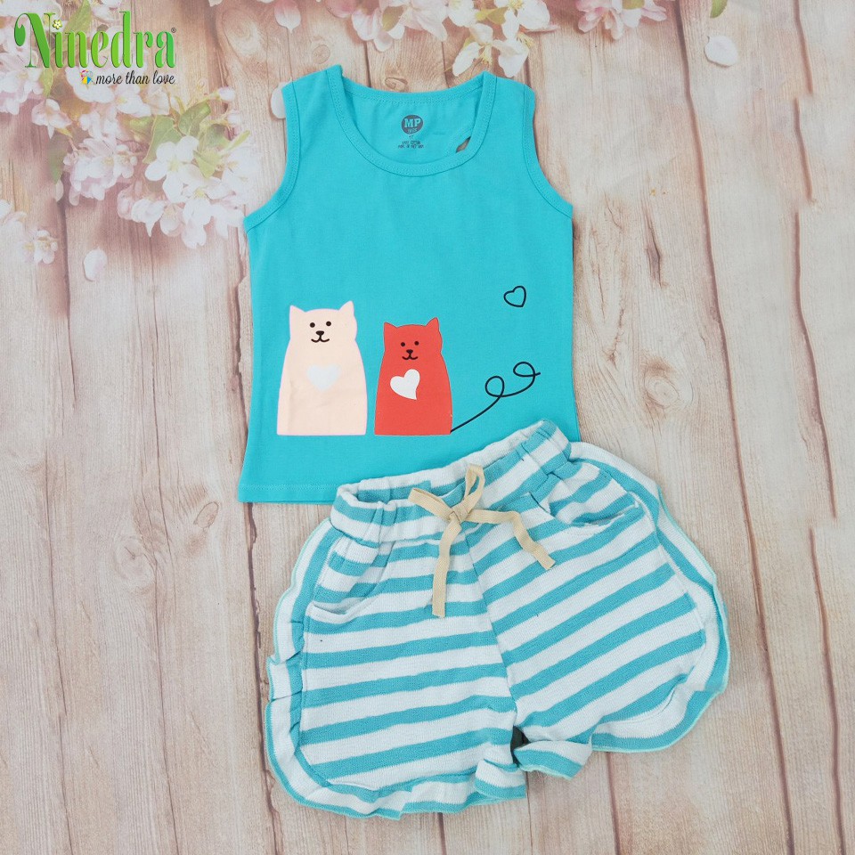 Đồ bộ bé gái thun cotton mềm mát in hình chú mèo size nhí từ 10-18kg