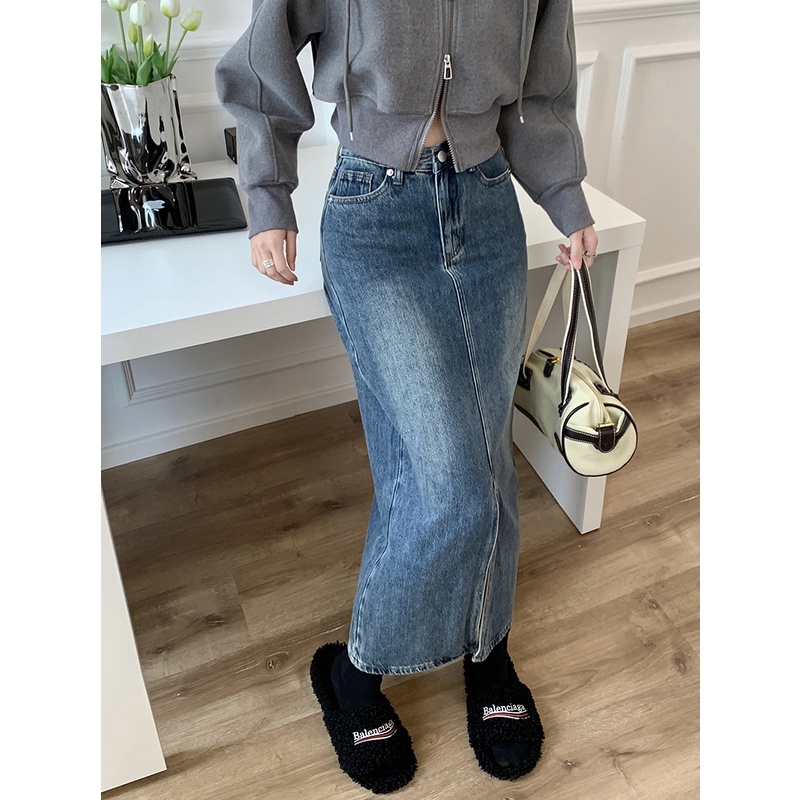 Chân Váy Denim Xẻ Tà Phong Cách Retro Thời Trang Mùa Hè 50408