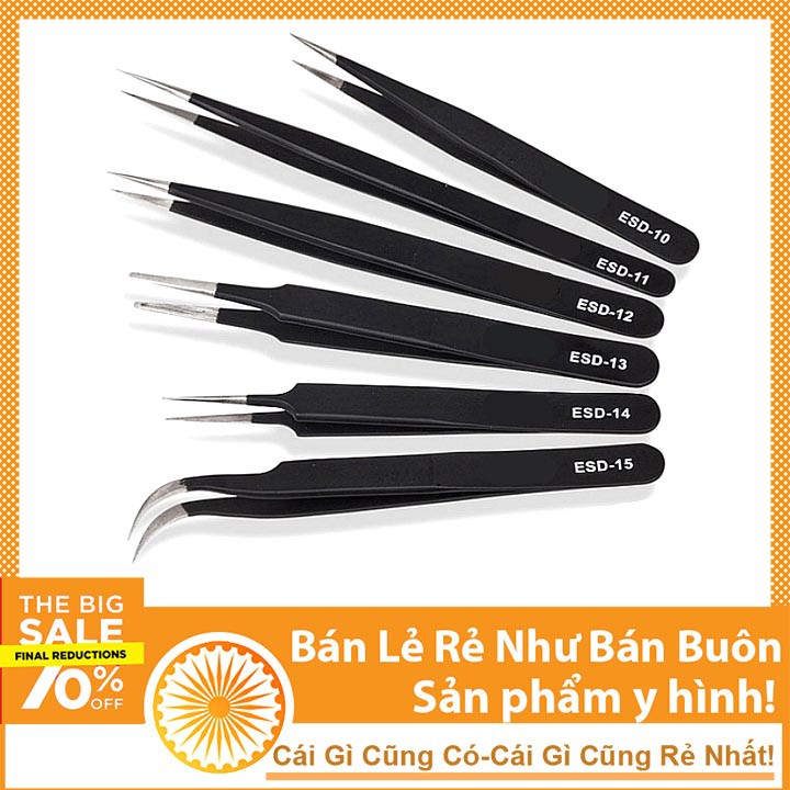 Bộ 6 Cây Nhíp Kẹp Linh Kiện Điện Tử Chống Tĩnh Điện Màu Đen