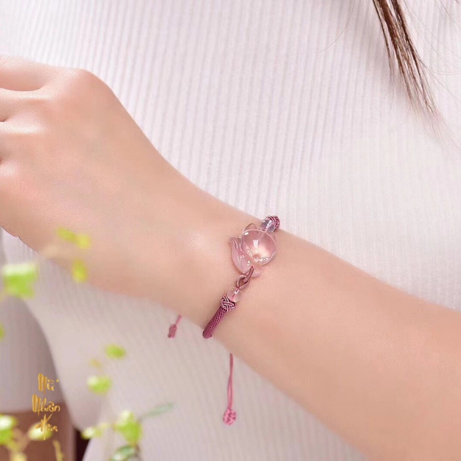 VT151 Vòng tay nữ dây hồng mặt đá hồ ly xinh xắn