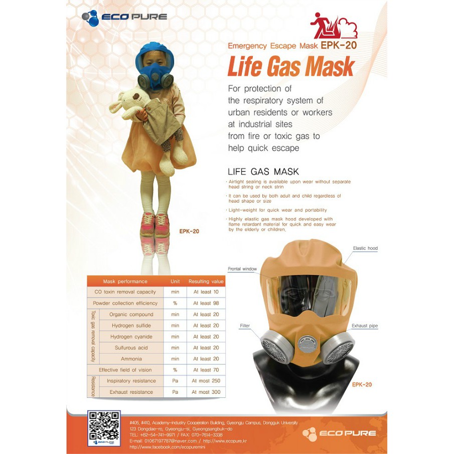 mặt nạ phòng khói trùm đầu thoát hiểm EPK-20 Hàn Quốc, mặt nạ thoát hiểm danh cho trẻ em và người lớn