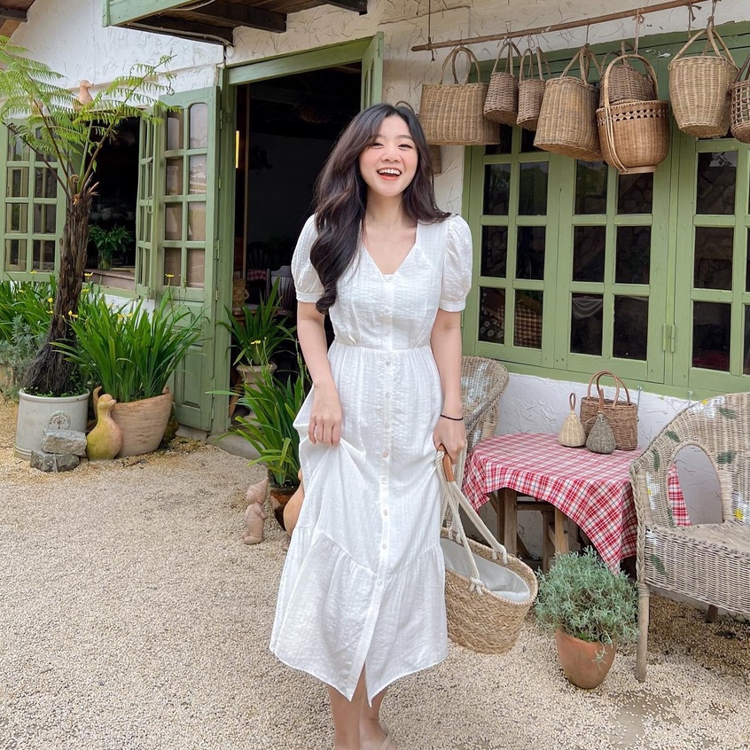 Đầm NAMIA - Đầm cổ tim dáng midi nẹp nút